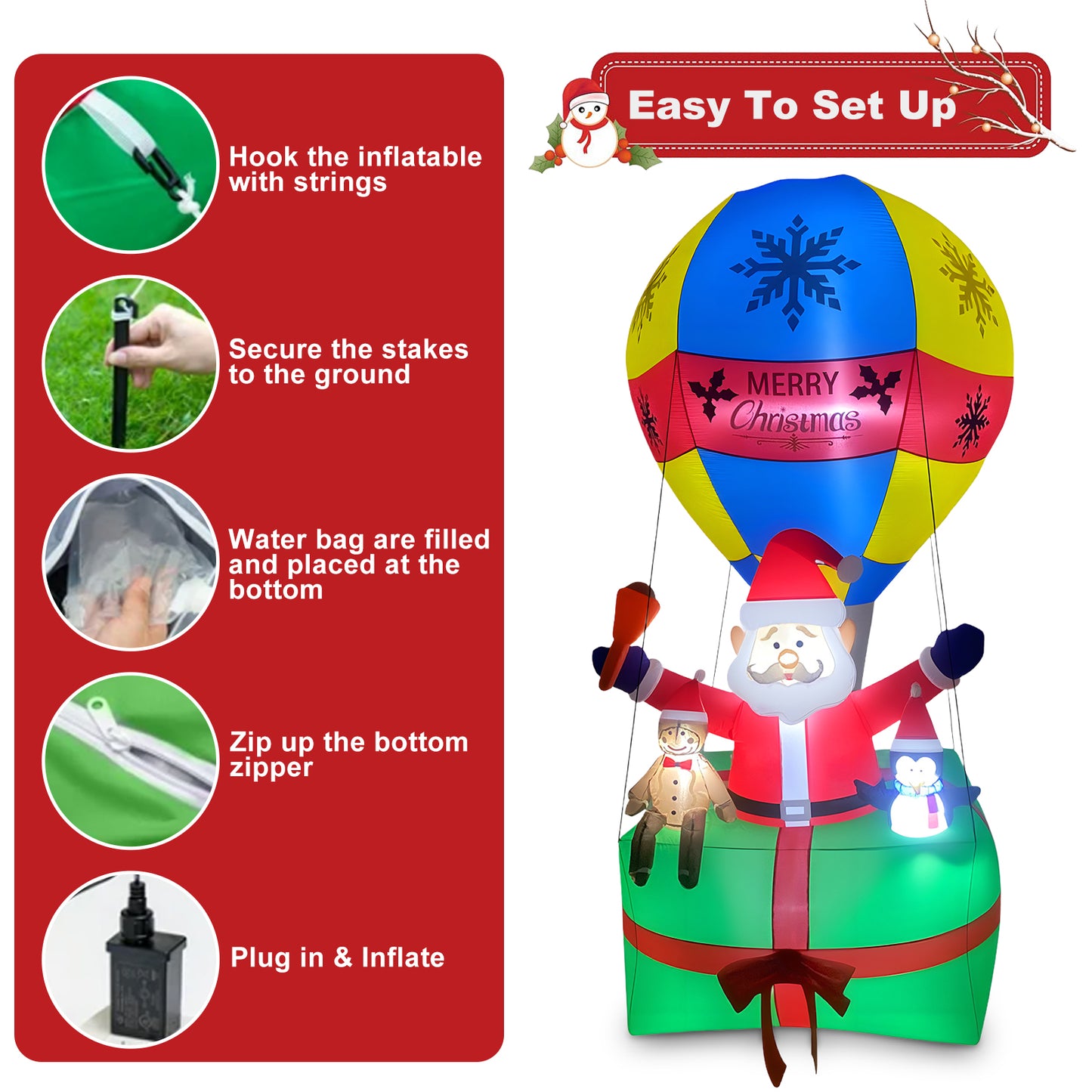 9ft Inflatable Christmas Santa Claus in Hot Air Balloon , Prelit Christmas Decoration with LED Lights for Holiday Party Xmas Yard Garden