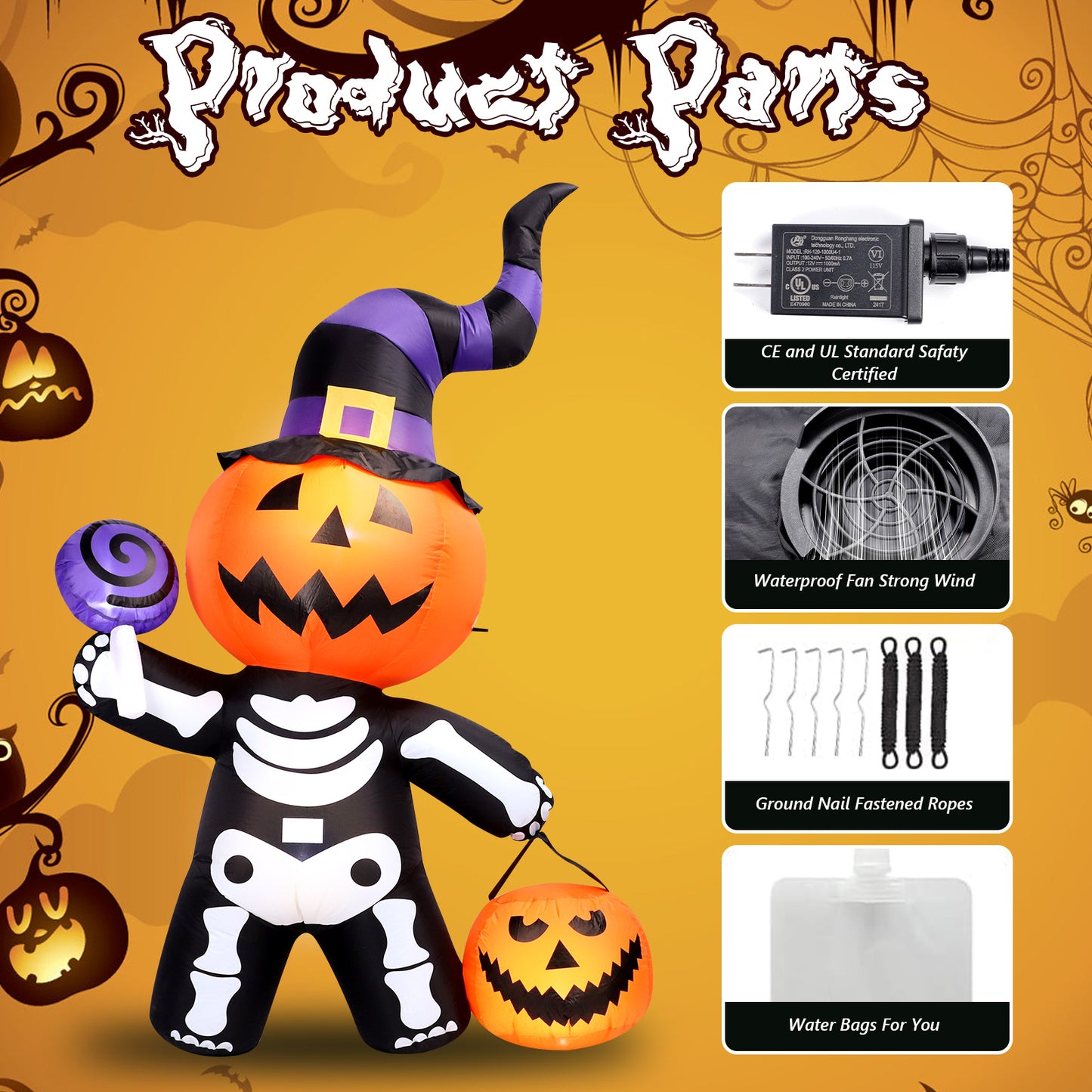 6 FT Inflatable Pumpkin Skull Body Outdoor Decorations Blow Up Yard Pumpkin with Built-in LEDs for Garden Lawn Party Decor