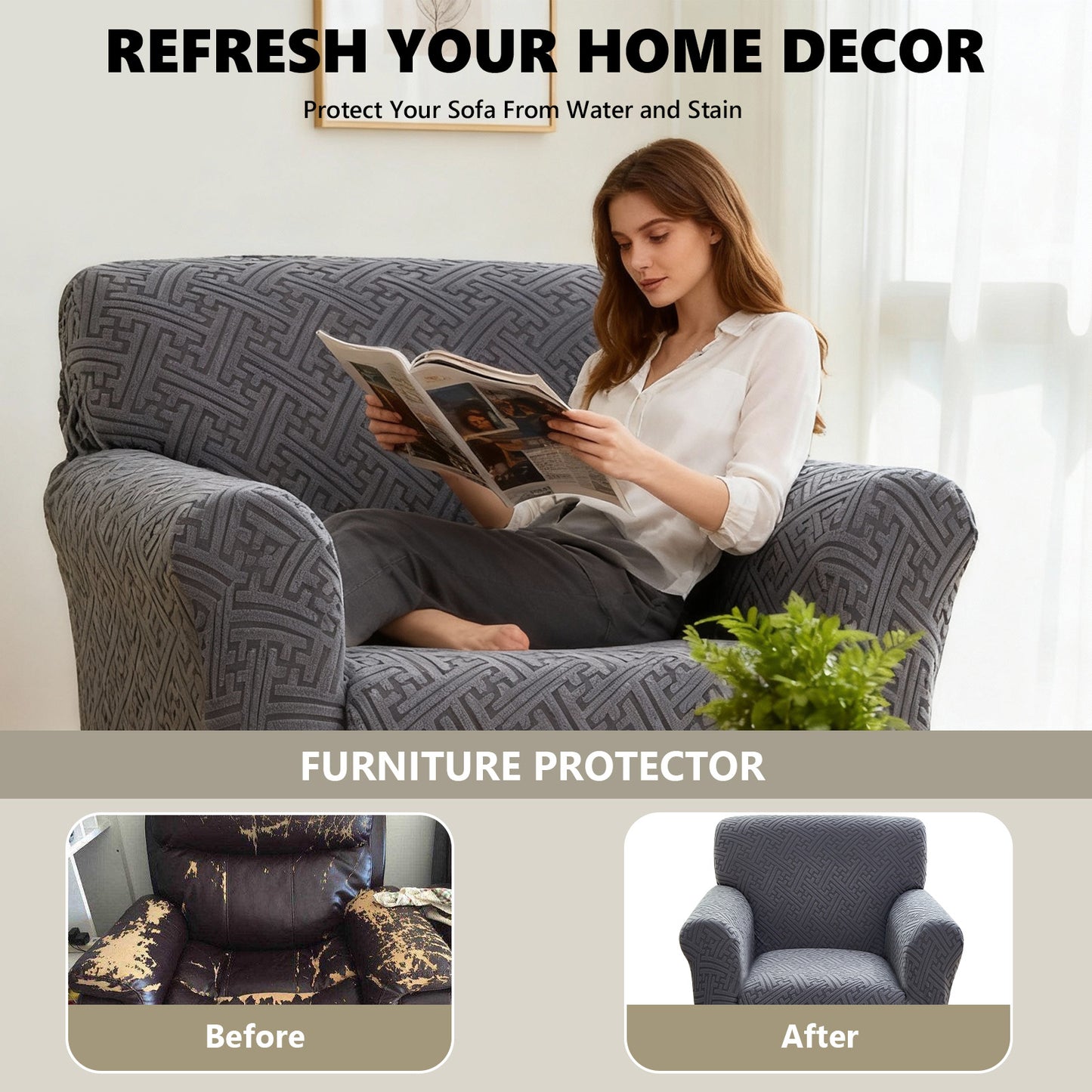 1 Seater 3D Stretch Sofa Cover Couch Slipcover Furniture Protector, Non Slip Soft Fabric Couch Cover, Gray