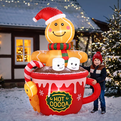 6 FT Christmas Inflatables Outdoor Decorations, Cute Christmas Blow Up Yard Decorations Gingerbread Man in Hot Cocoa Mug Scene for Garden Lawn Xmas Decor