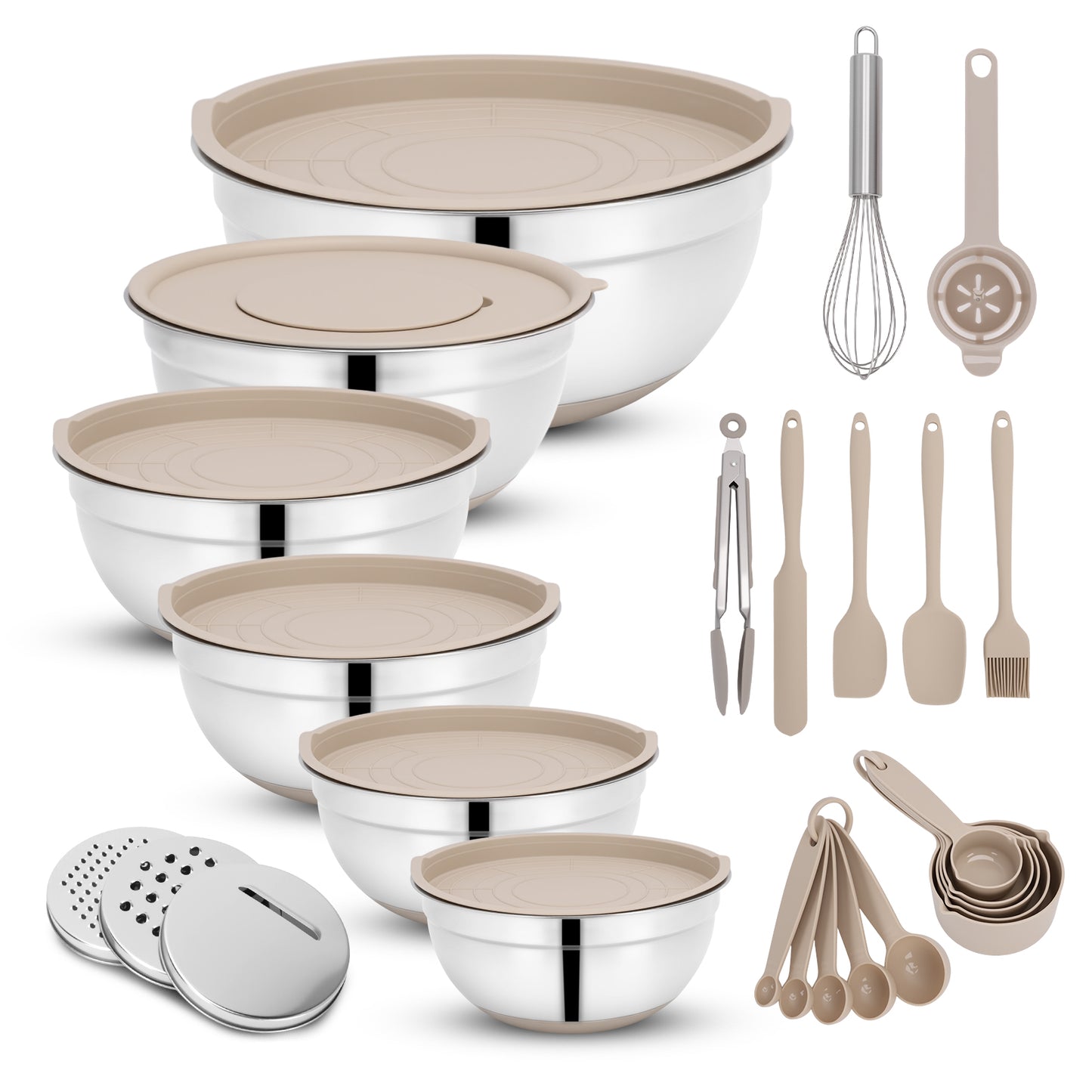 Mixing Bowls with Airtight Lids, 32Pcs Stainless Steel Nesting Non-Slip Bottoms Mixing Serving Bowls Set wtih 3 Grater & Tools Gadgets, 7/4/2.5/2.5/1.5/1QT Metal Salad Bowls for Mixing & Serving