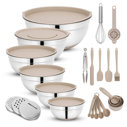 Mixing Bowls with Airtight Lids, 32Pcs Stainless Steel Nesting Non-Slip Bottoms Mixing Serving Bowls Set wtih 3 Grater & Tools Gadgets, 7/4/2.5/2.5/1.5/1QT Metal Salad Bowls for Mixing & Serving