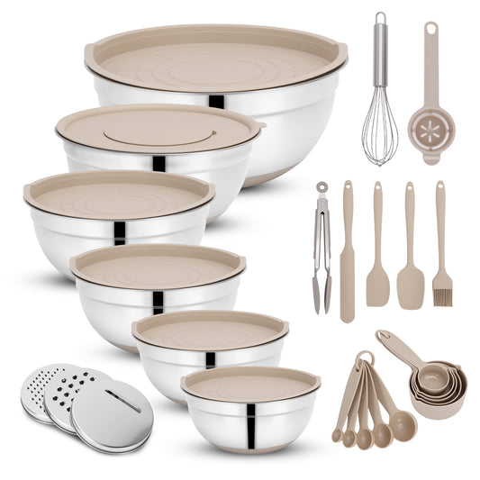 Mixing Bowls with Airtight Lids, 32Pcs Stainless Steel Nesting Non-Slip Bottoms Mixing Serving Bowls Set wtih 3 Grater & Tools Gadgets, 7/4/2.5/2.5/1.5/1QT Metal Salad Bowls for Mixing & Serving