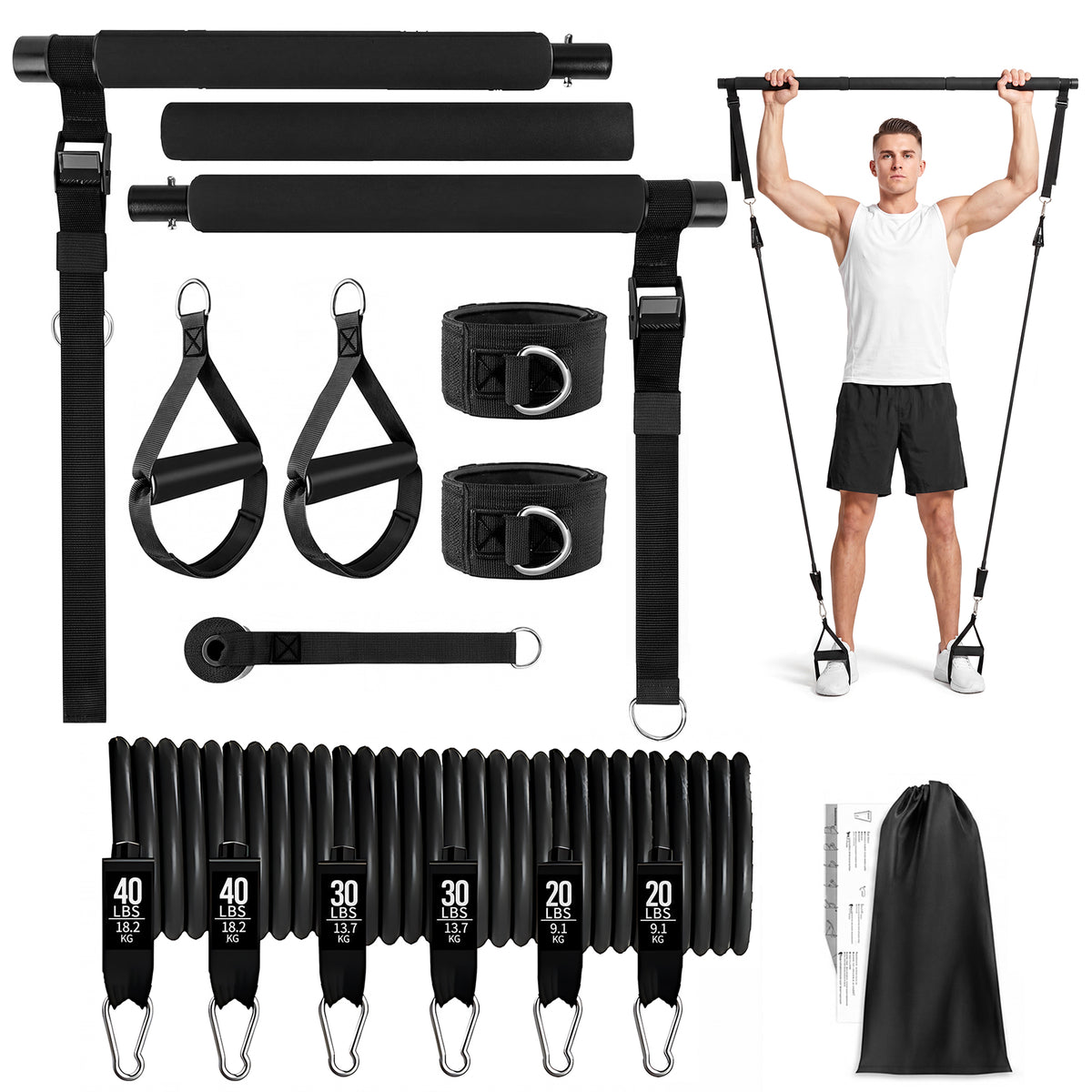 Pilates Bar Kit with 20 30 40 Lbs Resistance Bands,Workout Equipment for Legs,Hip,Waist and Arm,Exercise Fitness Equipment for Women & Men Home Gym Yoga Pilates,Black