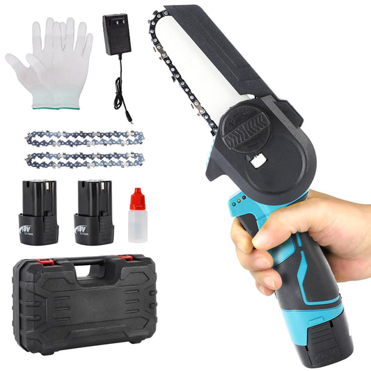 Mini Chainsaw 4-Inch Cordless Electric Portable Chainsaw With Safety Lock, One-Hand Lightweight, Pruning Shears Chainsaw For Tree Branch Wood Cutting (Chainsaw+ 2 X 2.0Ah Batteries+ 2 X Chains)