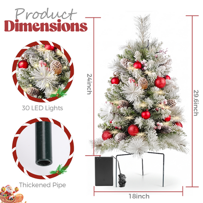 2Pcs 76cm Artificial Christmas Tree PVC Outdoor Decorative Mini Xmas Tree Set, Red Bows & Glitter Ornaments