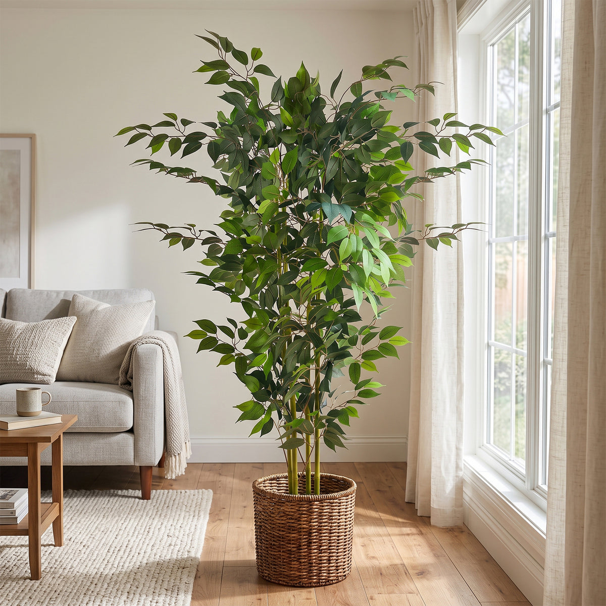 5ft Artificial Ficus Tree with Natural Trunk & Dense Foliage, Realistic Faux Ficus Tree with Lifelike Leaves, Sturdy Pot, Tall Fake Plants for Home Office Living Room, Porch, Garden Decor