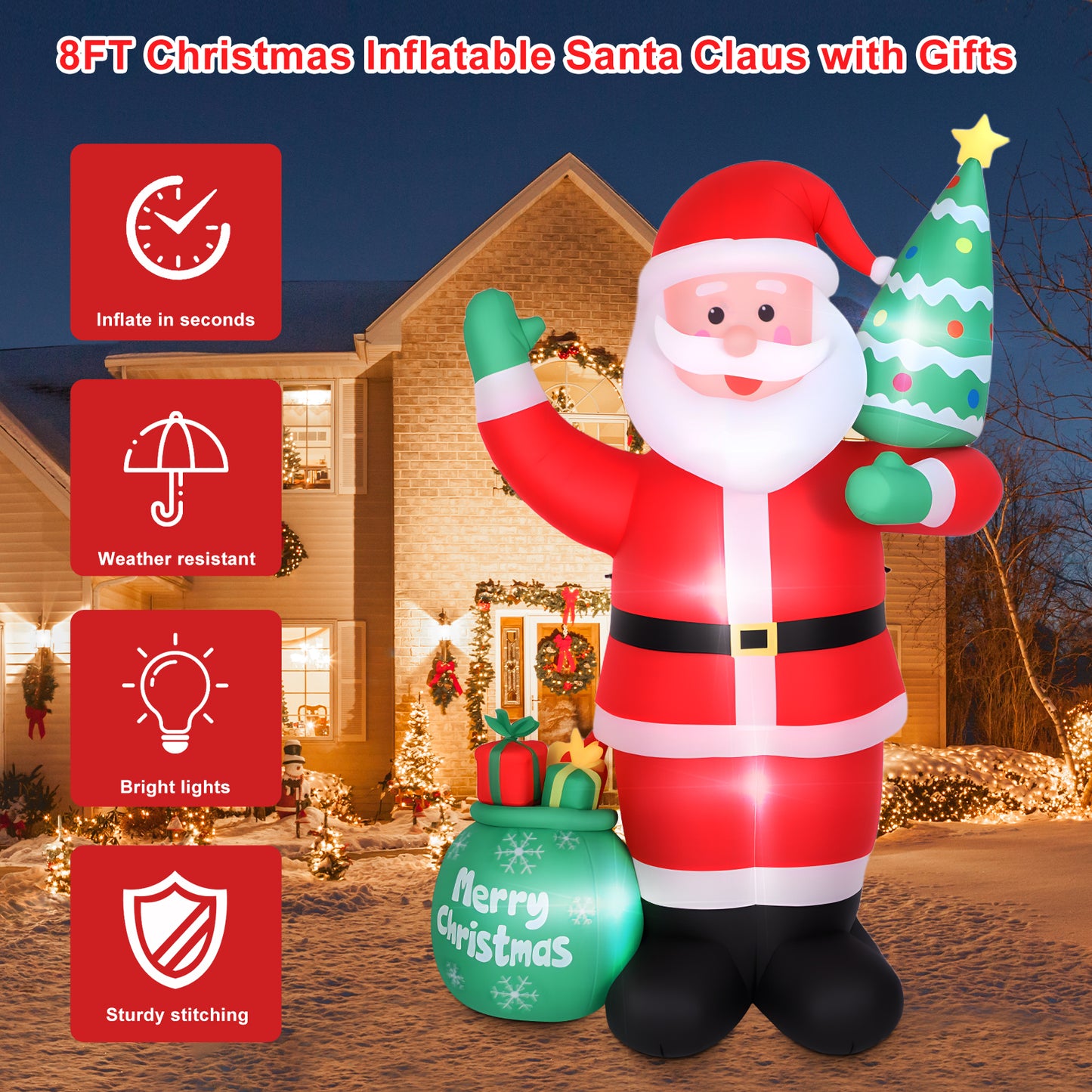 8 FT Christmas Inflatable Santa Claus Outdoor Decorations, Blow Up Santa Claus with Gifts Bag, Santa Carrying Present Sack, Built-in LED Light, Xmas Outside Decor for Front Back