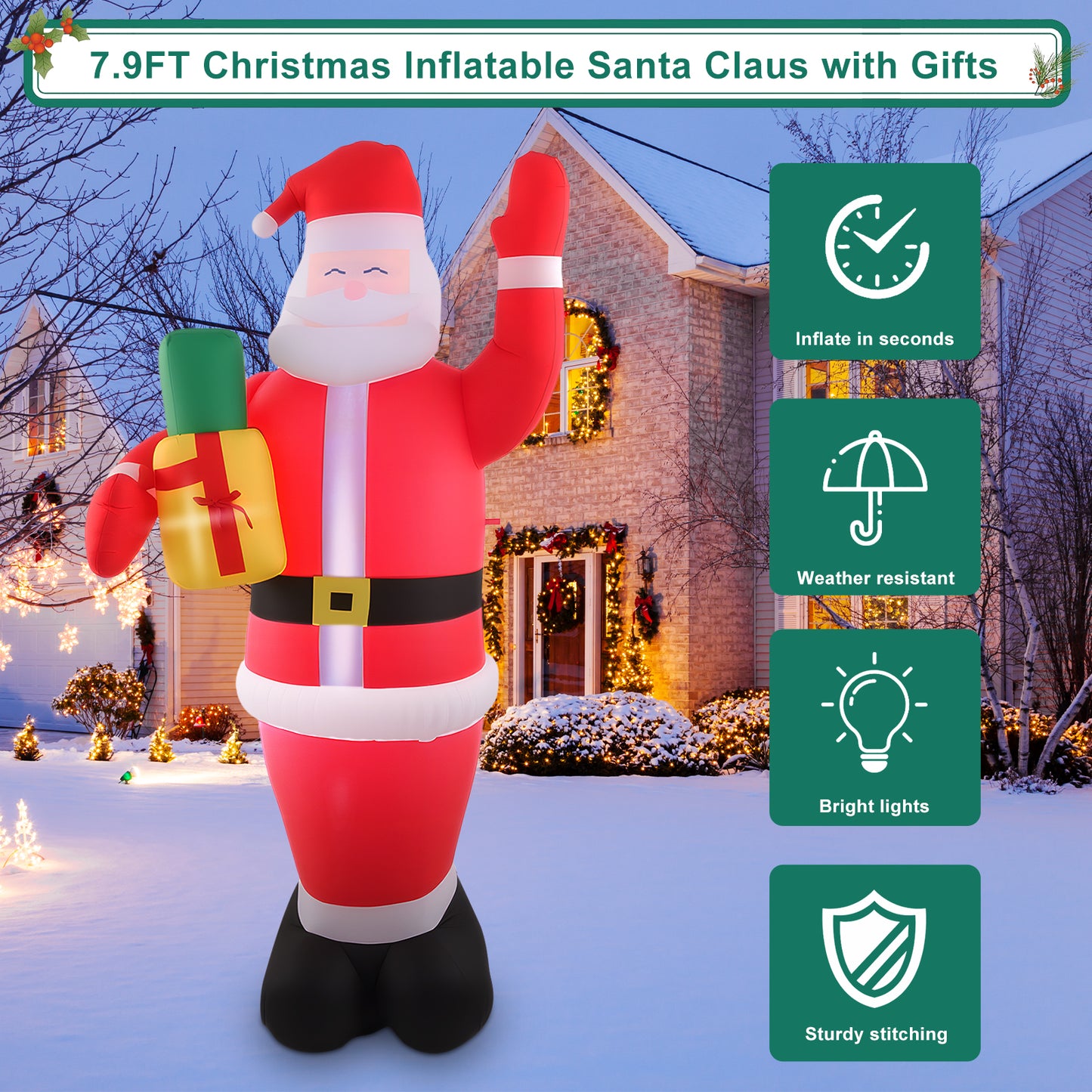 7FT Christmas Inflatables Santa Claus Outdoor Decoration, LED Lights Inflatable Santa Claus with Gift Bag Giant Blow Up Outside Xmas Decorations for Yard Garden Lawn Party Holiday Decor