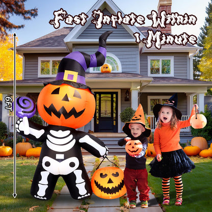 6 FT Inflatable Pumpkin Skull Body Outdoor Decorations Blow Up Yard Pumpkin with Built-in LEDs for Garden Lawn Party Decor