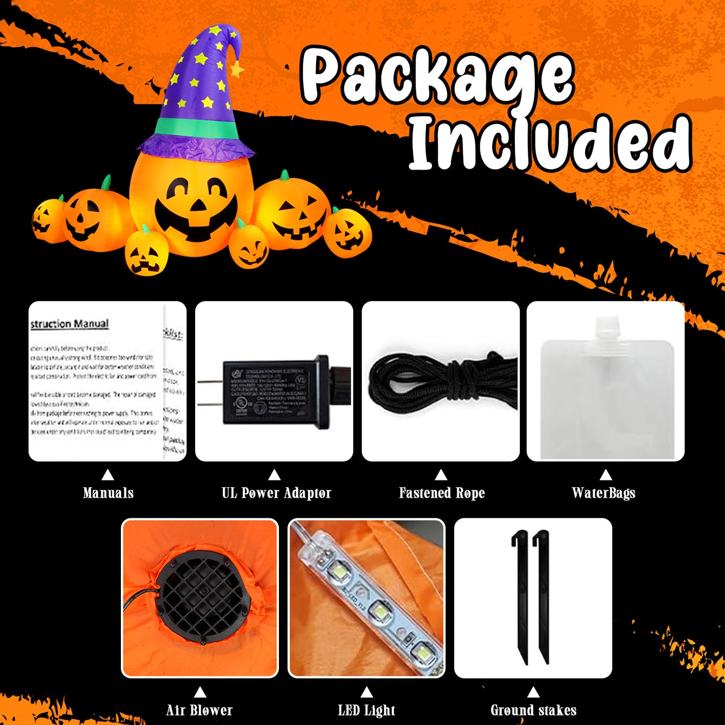 Halloween Inflatables Outdoor, 8FT Long Cute & Lighted Blow Up Decoration Pumpkin Family with Witch Hat, Large Halloween Inflatables Decorations with Lights for Yard, Holiday, Home