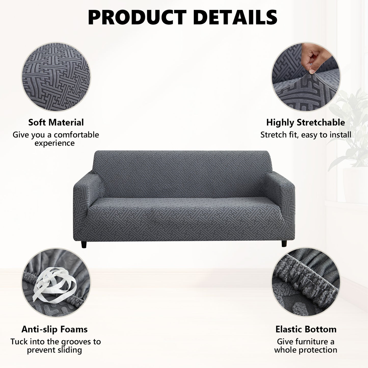 3 Seaters 3D Stretch Sofa Couch Slipcover Furniture Protector, Non Slip Soft Fabric Couch Cover, Gray