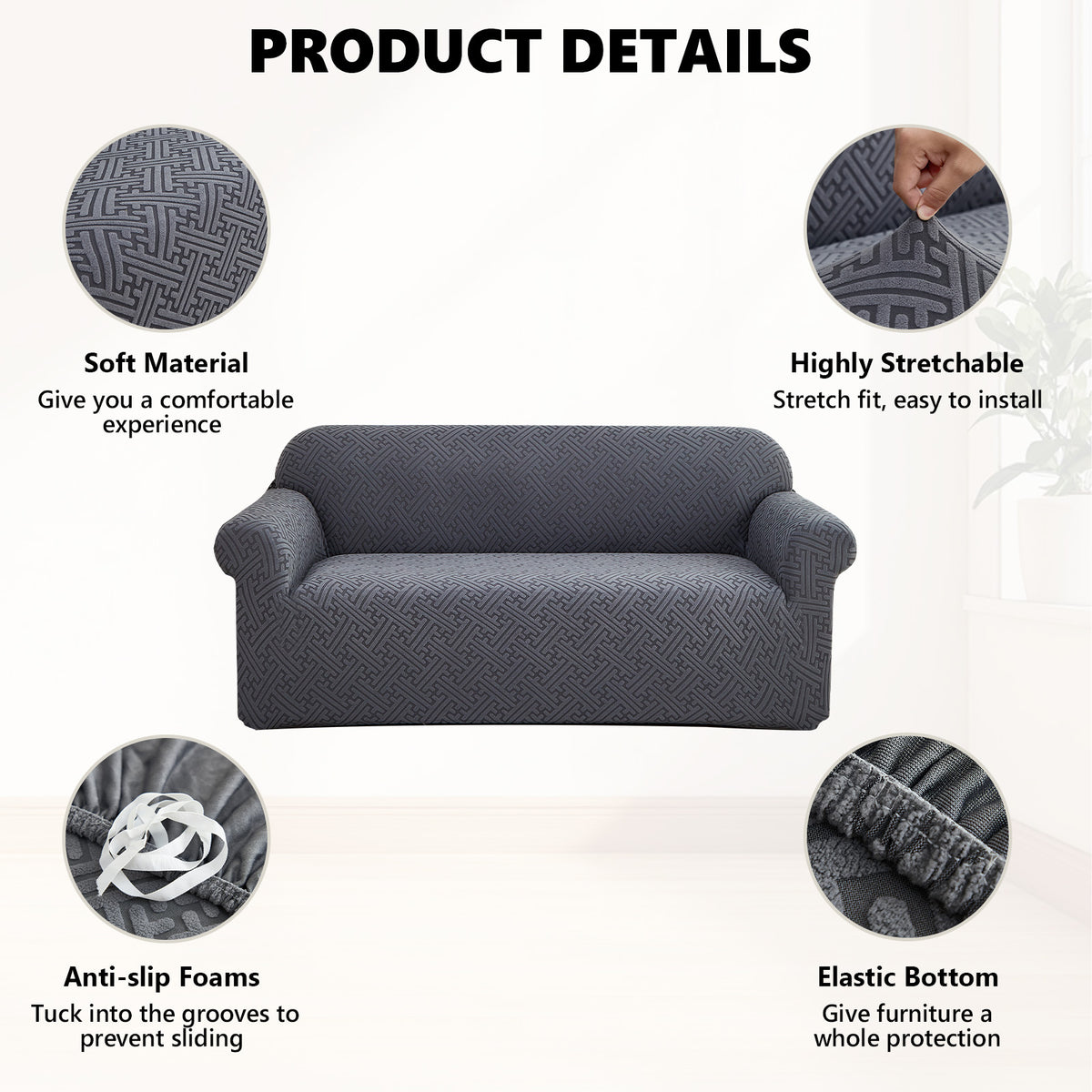 2 Seaters 3D Stretch Sofa Couch Slipcover Furniture Protector, Non Slip Soft Fabric Couch Cover, Gray