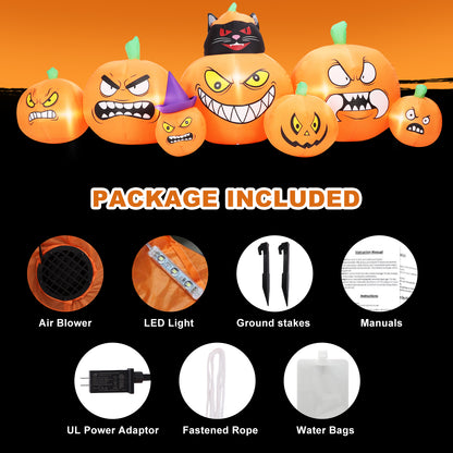 Inflatable Decoration 7 FT Long Inflatable 7 Pumpkins Patch Lanterns with Black Cat w/ Build-in LEDs Blow Up Inflatables for Thanksgiving Party Outdoor Garden Lawn Yard