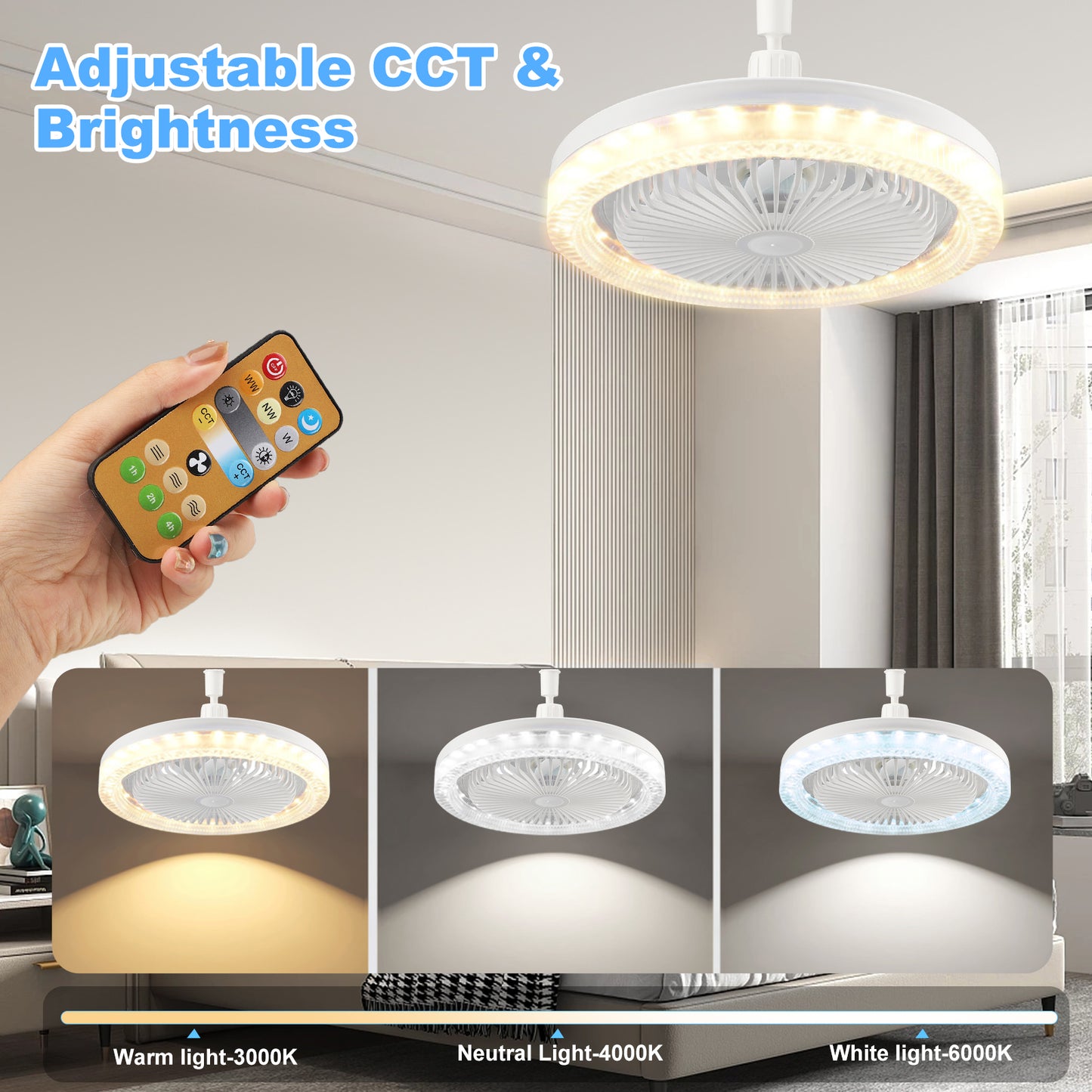 Socket Fan Light with Remote, 3 Speeds Adjustable Modern LED Crystal Ceiling Fan Light for Bedroom Living Room, 5 Blades