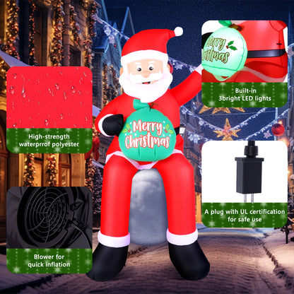 6 FT Christmas Inflatable Santa Claus with LED Lights, Blow Up Sitting Santa Claus with Gift Bag, Climbing Santa Carrying Present Sack Sitting On Roof, Xmas Yard Patio Bench Shrubs
