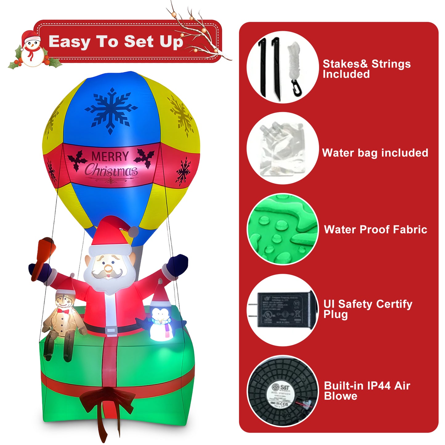 9ft Inflatable Christmas Santa Claus in Hot Air Balloon , Prelit Christmas Decoration with LED Lights for Holiday Party Xmas Yard Garden