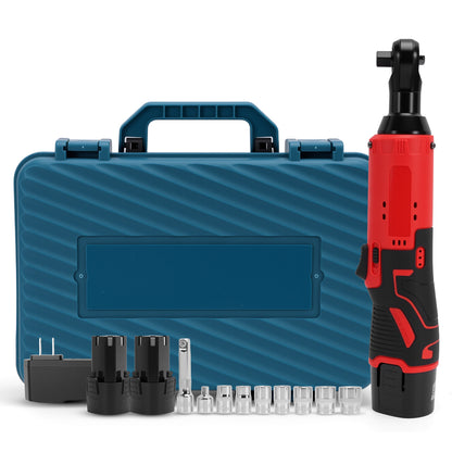 3/8" Extended Cordless Ratchet Wrench Set, 40N.m Power Ratchet Kit w/12V 2x2.0Ah Batteries,7 Sockets,1/4 Adaptor, Extension Bar for Housework, Car Repair