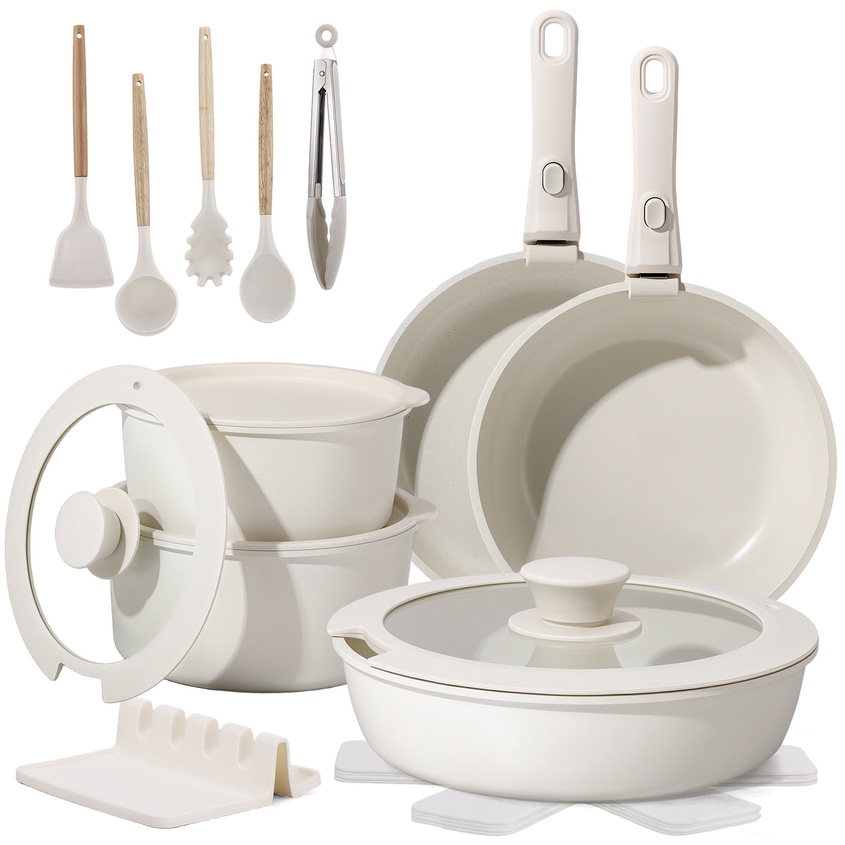 20-Piece Pots and Pans Set, Nonstick Cookware Set with Detachable Handles, Oven & Dishwasher Safe, Induction Compatible, Stackable RV Kitchen Cooking Set, White