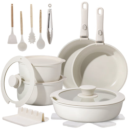 20-Piece Pots and Pans Set, Nonstick Cookware Set with Detachable Handles, Oven & Dishwasher Safe, Induction Compatible, Stackable RV Kitchen Cooking Set, White