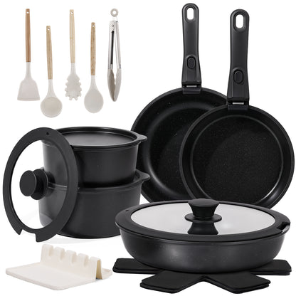 20 Piece Pots and Pans Set, Nonstick Cookware Set with Detachable Handles, Oven & Dishwasher Safe, Induction Compatible, Stackable RV Kitchen Cooking Set, Black
