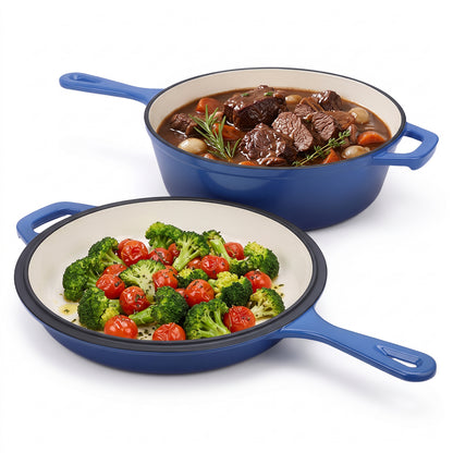 2 in 1 Cast Iron Dutch Oven Pot with Skillet Lid, 4+2qt Enamel Dutch Oven Dual Handle, All-in-One Cookware, Blue