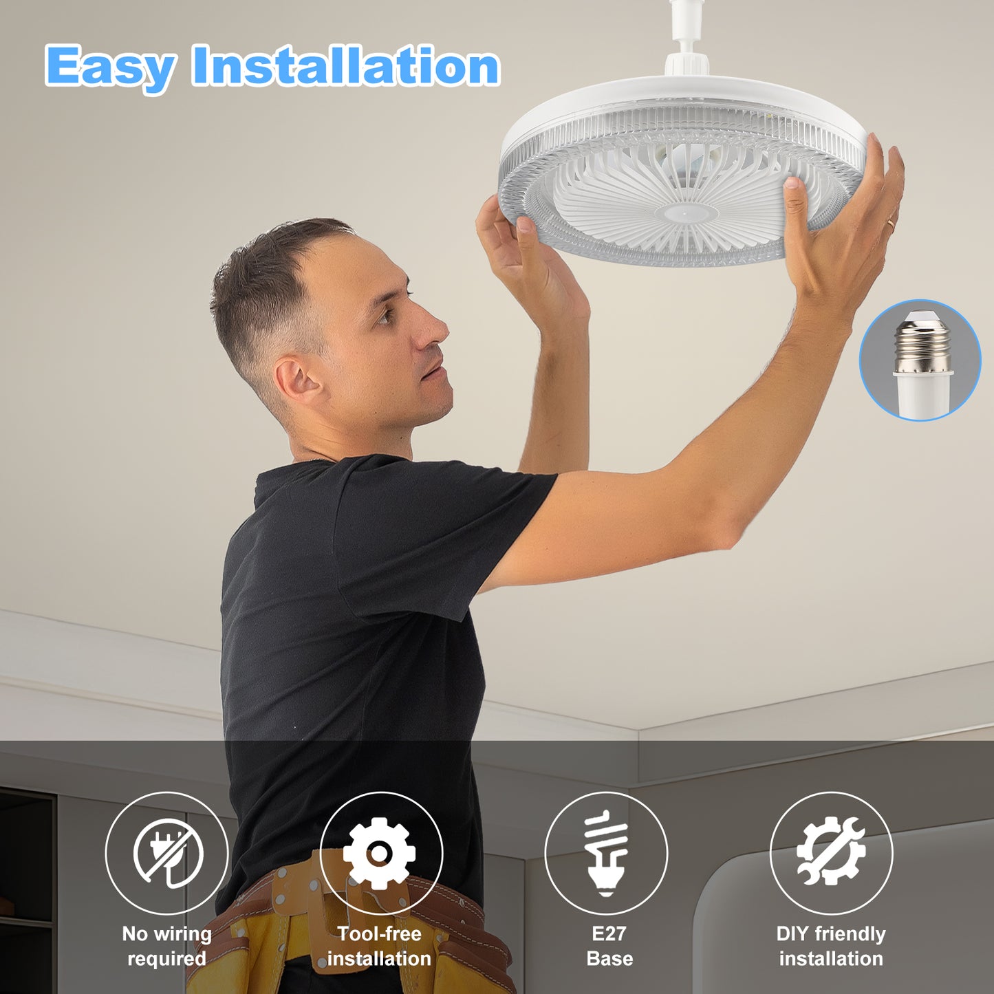 Socket Fan Light with Remote, 3 Speeds Adjustable Modern LED Crystal Ceiling Fan Light for Bedroom Living Room, 5 Blades