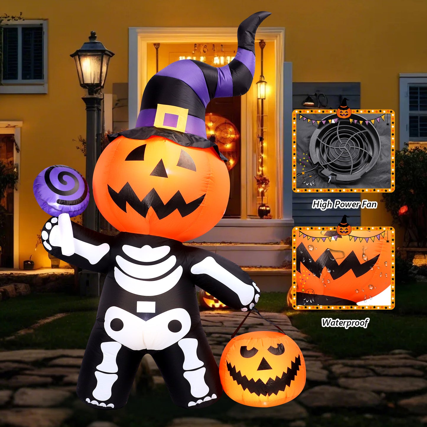 6 FT Inflatable Pumpkin Skull Body Outdoor Decorations Blow Up Yard Pumpkin with Built-in LEDs for Garden Lawn Party Decor