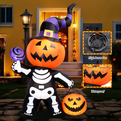 6 FT Inflatable Pumpkin Skull Body Outdoor Decorations Blow Up Yard Pumpkin with Built-in LEDs for Garden Lawn Party Decor