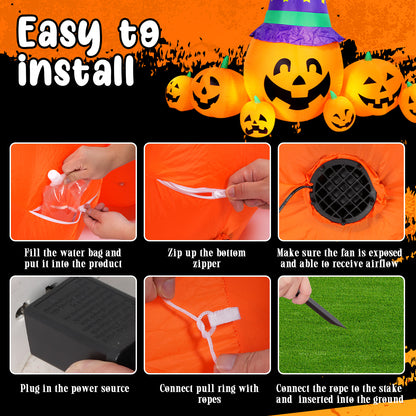 Halloween Inflatables Outdoor, 8FT Long Cute & Lighted Blow Up Decoration Pumpkin Family with Witch Hat, Large Halloween Inflatables Decorations with Lights for Yard, Holiday, Home