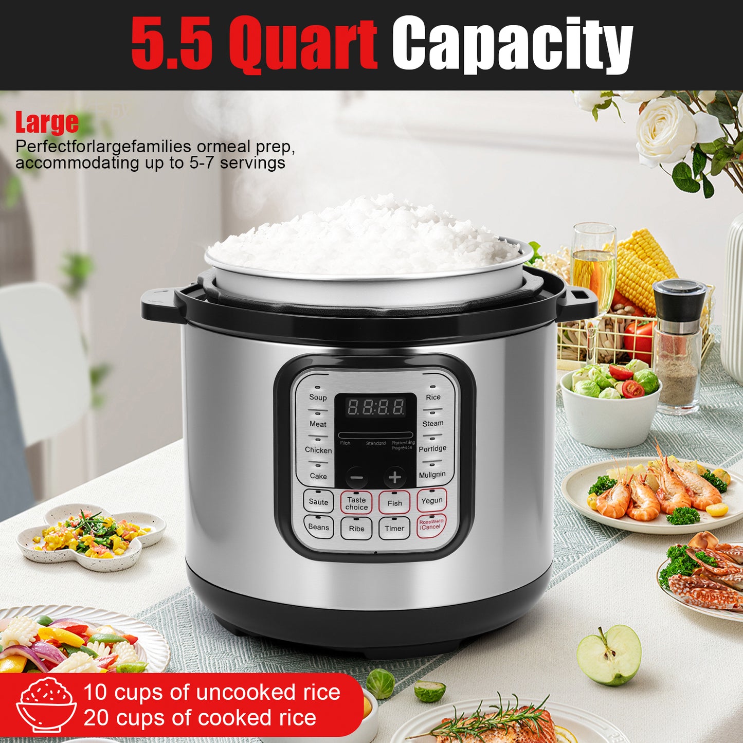 5.5 Quart Electric Pressure Cooker, 16-in-1 Multi-Functional Slow Cooker, Rice Cooker, Saute Pan, Soup Pot, Egg Cooker, Warmer, Preset Cooking, Stainless Steel