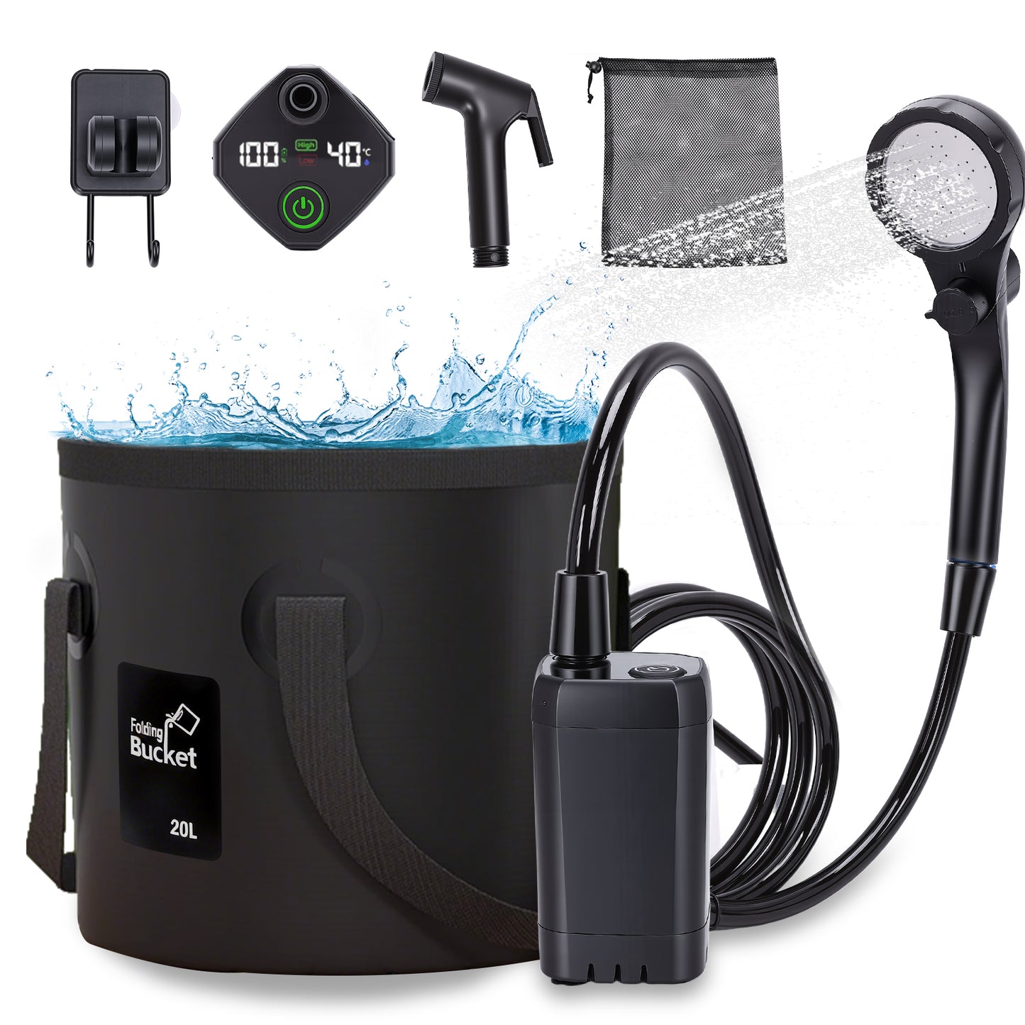 Portable Shower for Camping,6000mAh Rechargeable Camping Shower Pump with Intelligent LED Display, 4 Spray Modes, Foldable Bucket Shower Head for Hiking, Travel, Car, Pet