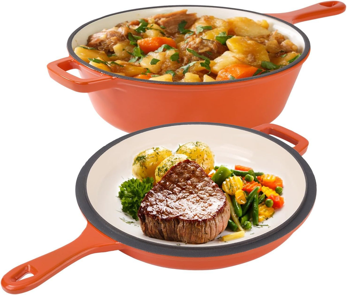2 in 1 Cast Iron Dutch Oven Pot with Skillet Lid, 4+2qt Enamel Dutch Oven Dual Handle, All-in-One Cookware, Orange