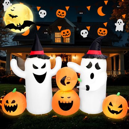 7 FT Long Lighted Inflatable Ghosts with Pumpkins, Blow Up Decorations for Indoor Outdoor Garden Lawn Party Yard Decorations