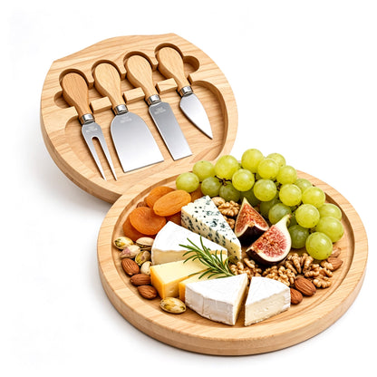 Bamboo Cheese Board and Knife Set, 10 inch Round Charcuterie Board, Serving Tray, Platter, Wood Cheese Board Set, Gift Idea