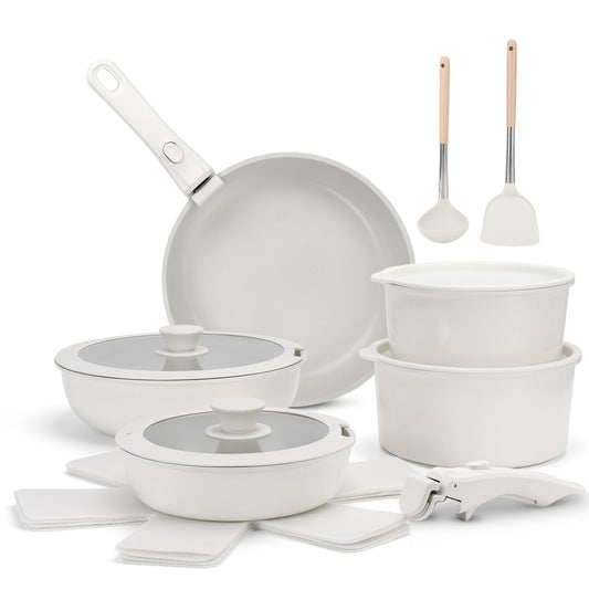 17-Piece Ceramic Pots and Pans Set Non Stick, Cookware Set with Detachable Handle, Oven Safe, Induction Ready, Stackable RV Kitchen Cooking Set Removable Handles