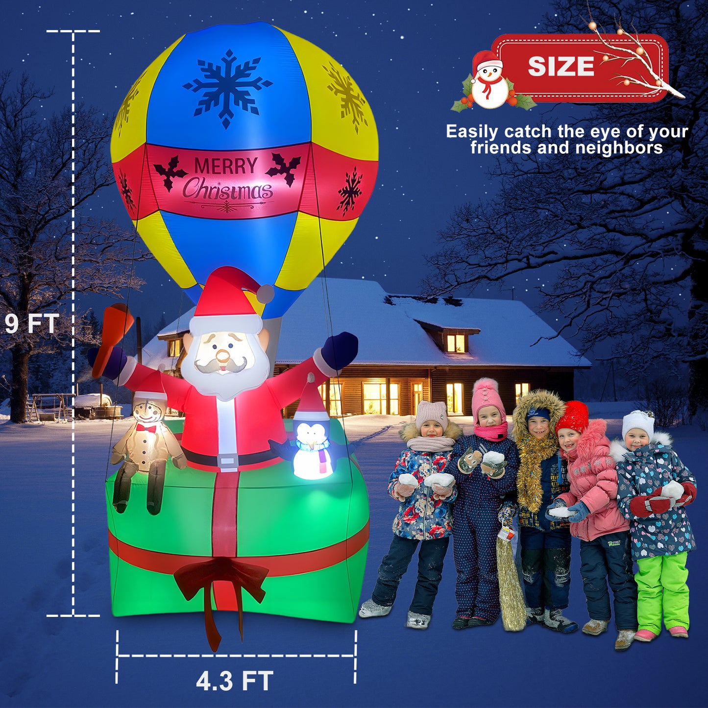 9ft Inflatable Christmas Santa Claus in Hot Air Balloon , Prelit Christmas Decoration with LED Lights for Holiday Party Xmas Yard Garden