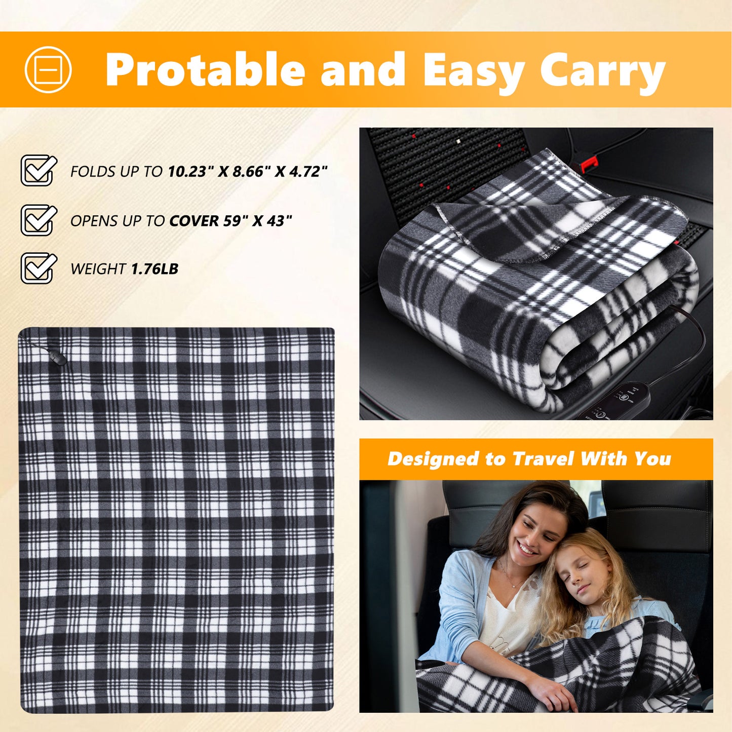 DC 12V-24V Flannel Electric Heated Blanket 3 Heating Levels Timed for Car, Truck, or RV,59 x 43in