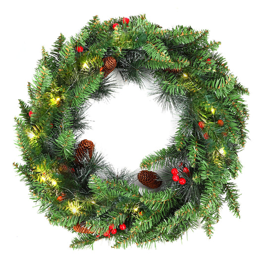 24 Inch Pre-Lit Artificial Christmas Wreath, Green, Crestwood Spruce, White Lights, Decorated with Pine Cones, Berry Clusters, Frosted Branches, Christmas Collection