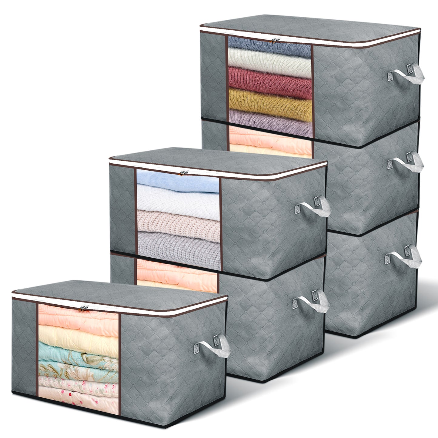 90L Large Clothes Storage, 6 Pack Foldable Closet Storage Bags 23.6 x 16 x 14inchs with Handles (Gray)