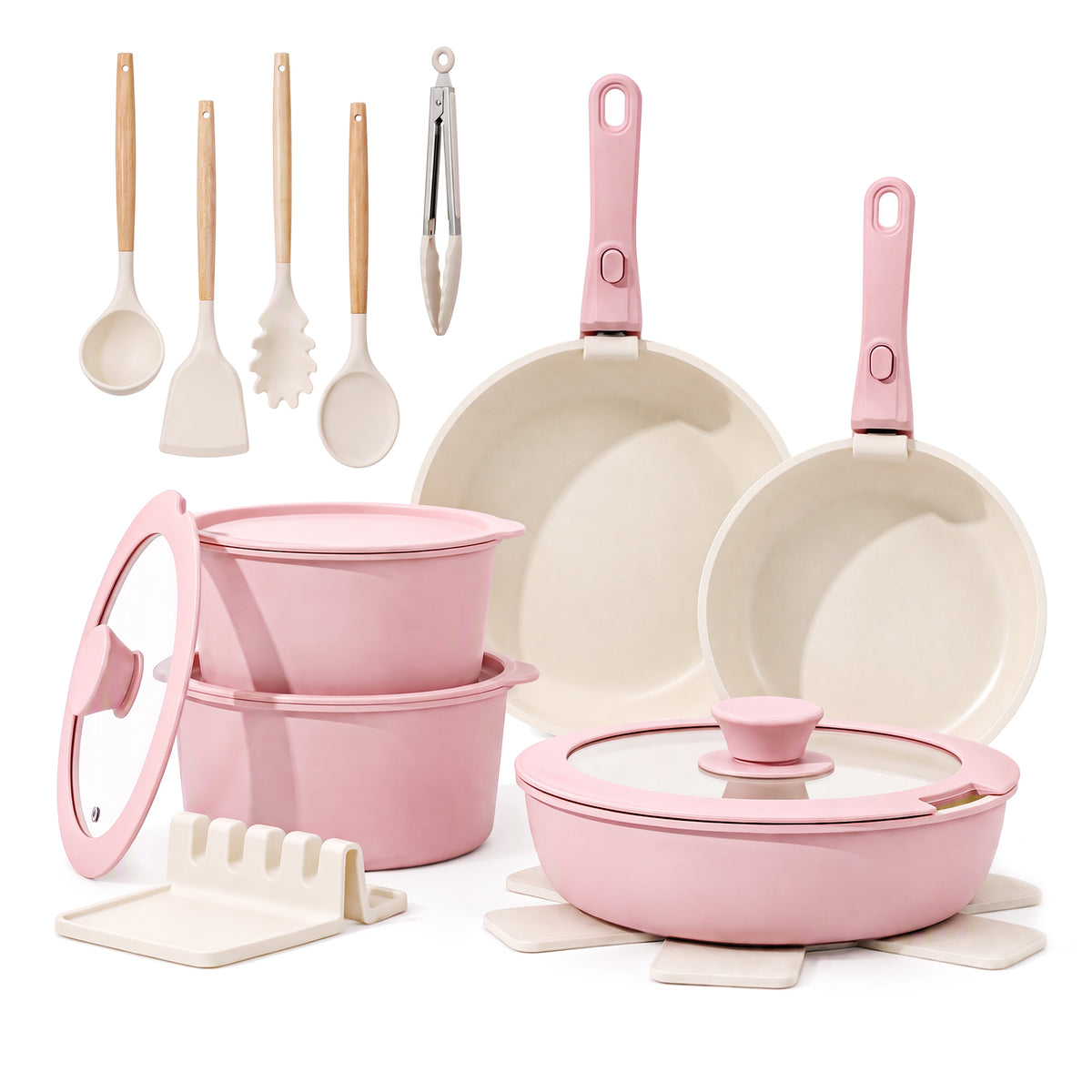 20 Piece Ceramic Pots and Pans Set, Nonstick Cookware Set with Detachable Handles, Oven Safe to 500°F, Induction Compatible, Stackable RV Kitchen Cooking Set, Pink