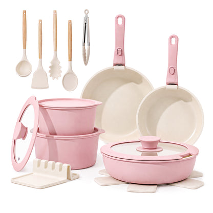 20 Piece Ceramic Pots and Pans Set, Nonstick Cookware Set with Detachable Handles, Oven Safe to 500°F, Induction Compatible, Stackable RV Kitchen Cooking Set, Pink