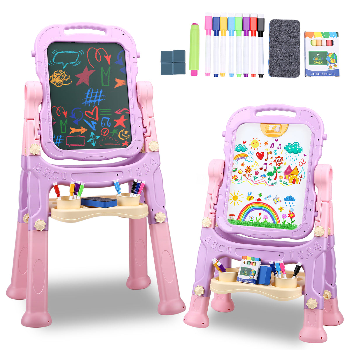 Art Easel for Kids, Adjustable Standing Rotatable Double Sided Easel with Painting Accessories for Toddlers Boys and Girls,Pink