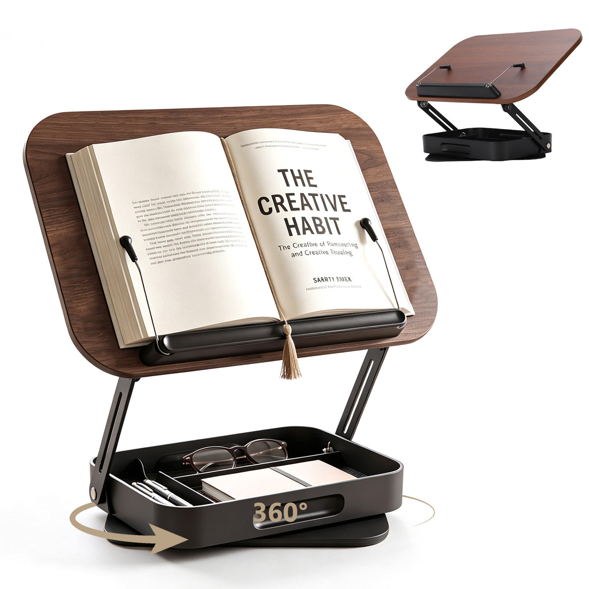 Foldable Wooden Book Stand with Storage,360° Rotating Book Holder for Kitchen Counter, Reading Stand for Desk, Recipe Stand, Book Prop for Book Lovers