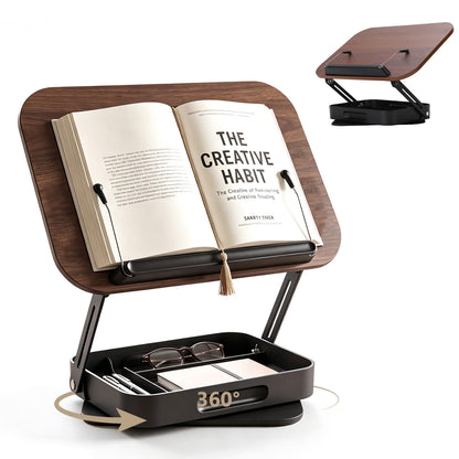 Foldable Wooden Book Stand with Storage,360° Rotating Book Holder for Kitchen Counter, Reading Stand for Desk, Recipe Stand, Book Prop for Book Lovers