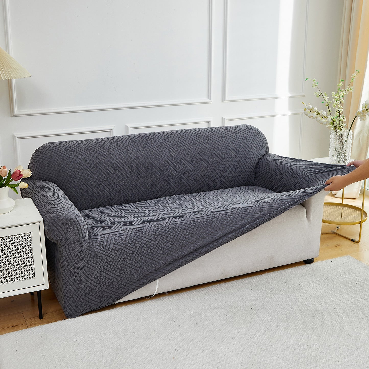 2 Seaters 3D Stretch Sofa Couch Slipcover Furniture Protector, Non Slip Soft Fabric Couch Cover, Gray