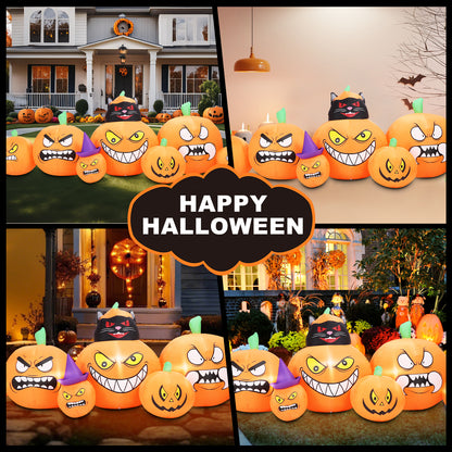 Inflatable Decoration 7 FT Long Inflatable 7 Pumpkins Patch Lanterns with Black Cat w/ Build-in LEDs Blow Up Inflatables for Thanksgiving Party Outdoor Garden Lawn Yard
