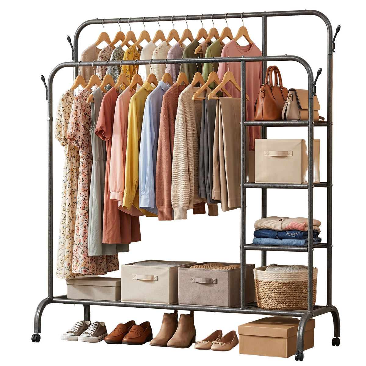 3-In-1 Double Rod Clothes Rack with 4-Shelf, Metal Clothing Rack with Wheels & 4 Hooks, Portable Heavy Duty Garment Rack with Bottom Shelves, Freestanding Organizer for Bedroom, Black