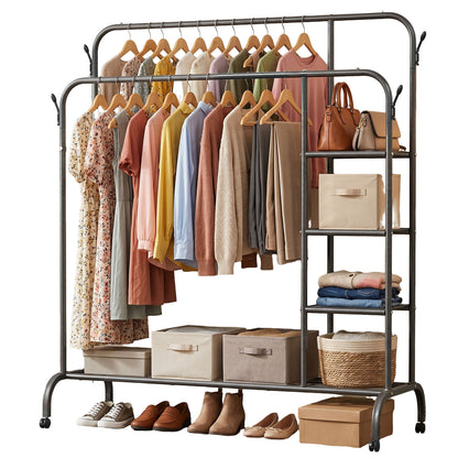 3-In-1 Double Rod Clothes Rack with 4-Shelf, Metal Clothing Rack with Wheels & 4 Hooks, Portable Heavy Duty Garment Rack with Bottom Shelves, Freestanding Organizer for Bedroom, Black