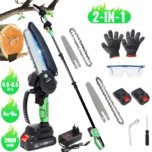 2-in-1 Cordless Pole Saw,6in + 4in Mini Chainsaw & Pole Saw with 2pcs 2.0A Batteries, 14.5ft Max Reach Brach Tree Saw Telescoping Extension Rod for Wood Tree Trimming Wood Cutting